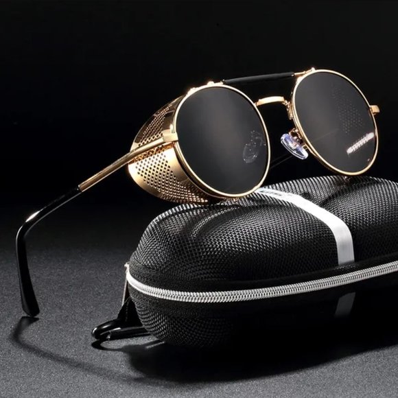 Retro Gothic Steampunk Sunglasses Black, Gold Polarized Metal Frame Glasses - Picture 1 of 10
